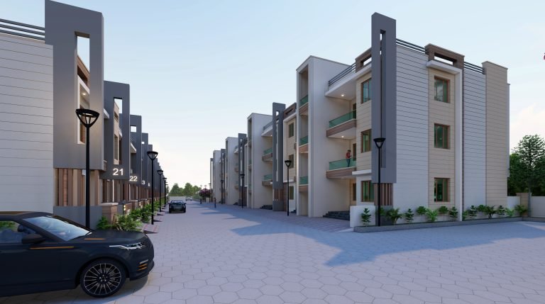 Dharti Angan Phase 2: 201129 A4.R1 C3 19.96.A G2 STREET ELEVATION VIEW 768x429. Developer image; may be an artist's impression. Source: Dharti Projects project website.