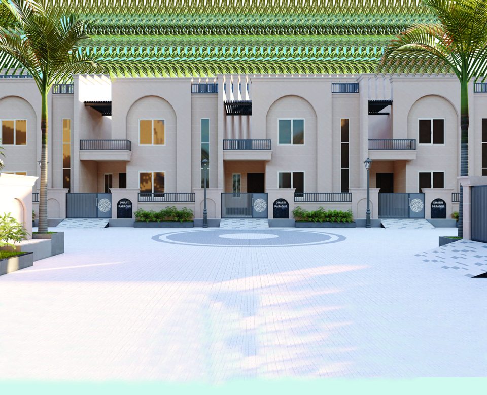 Dharti Paradise: Building or streetscape render extracted from the official Dharti Paradise brochure. Developer image; may be an artist's impression. Source: Dharti Projects project website.