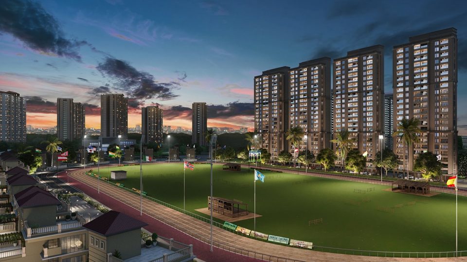 Hiranandani Krisala Township - Arcadia: Shared township racecourse and residences concept, not a sector-specific elevation. Developer image; may be an artist's impression. Source: Krisala x Hiranandani project website.