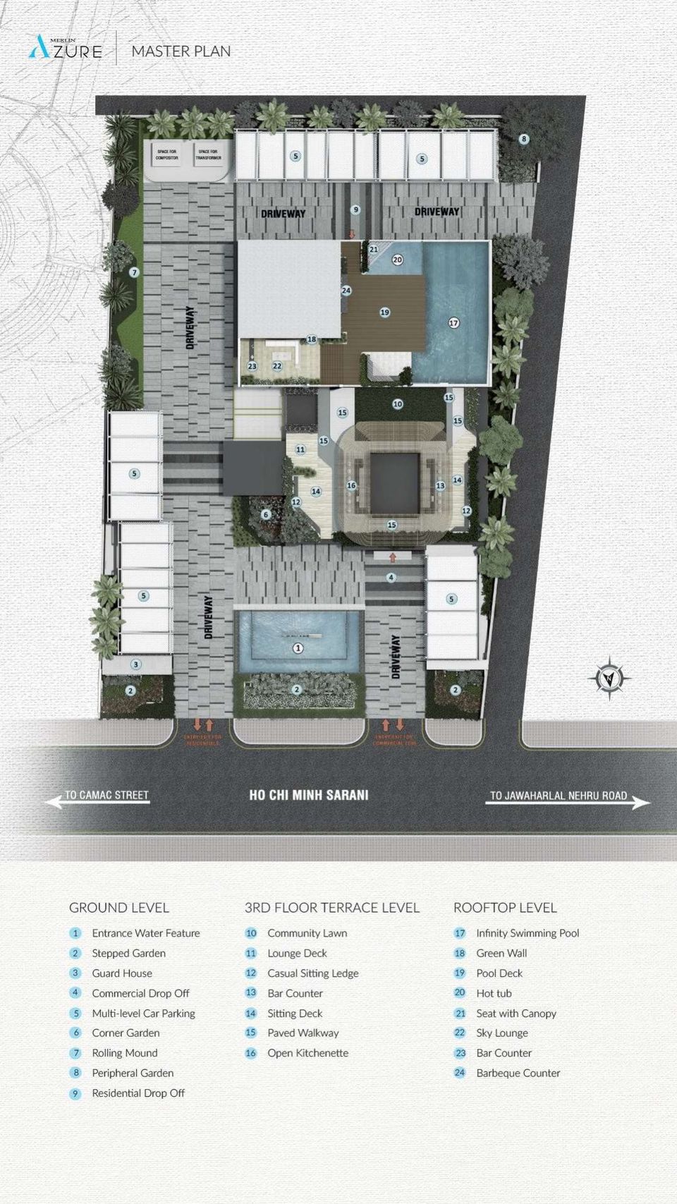 Master plan: ground, 3rd-floor terrace and rooftop levels