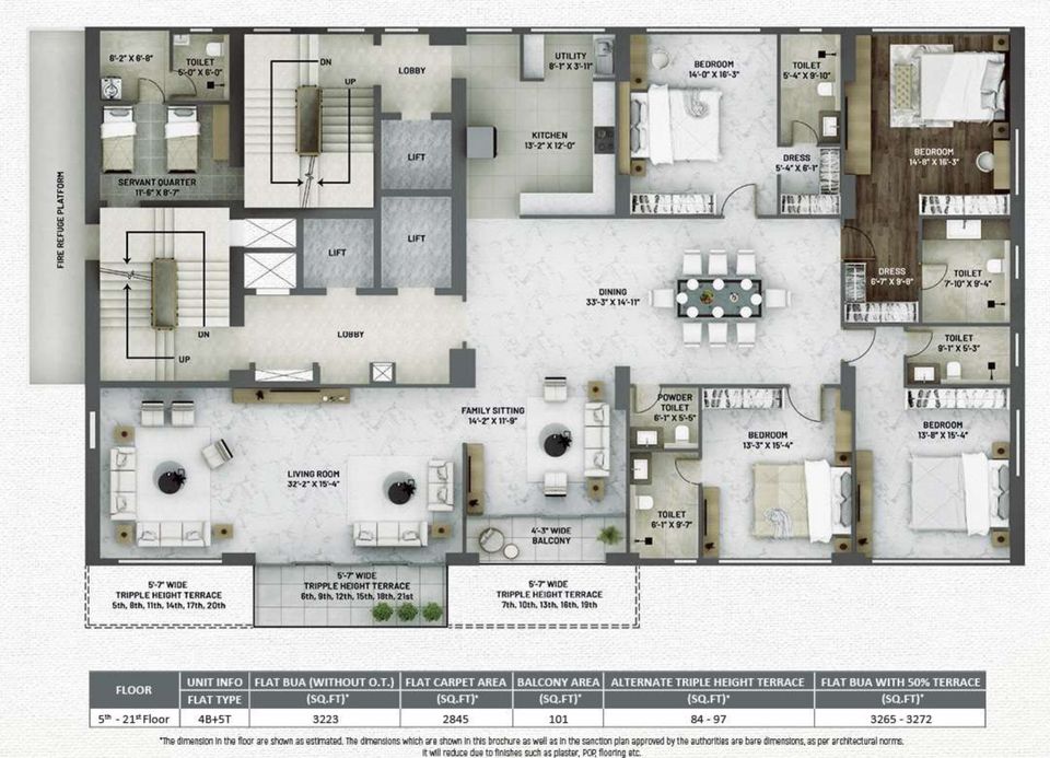 Typical 4 BHK floor plan, 5th to 21st floor, with area table