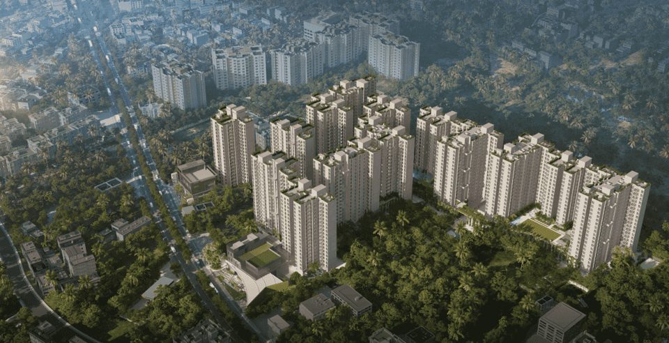 Optima: AERIAL VIEW DAY 1170x600. Developer image; may be an artist's impression. Source: Srijan Realty project website.