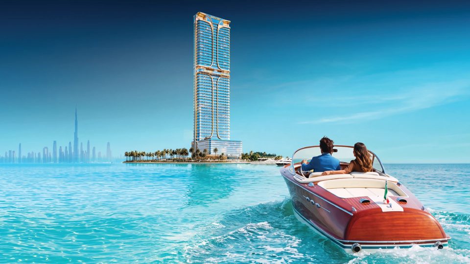 Shahrukhz Residences: Waterfront tower elevation. Developer image; may be an artist's impression. Source: Danube Properties project website.