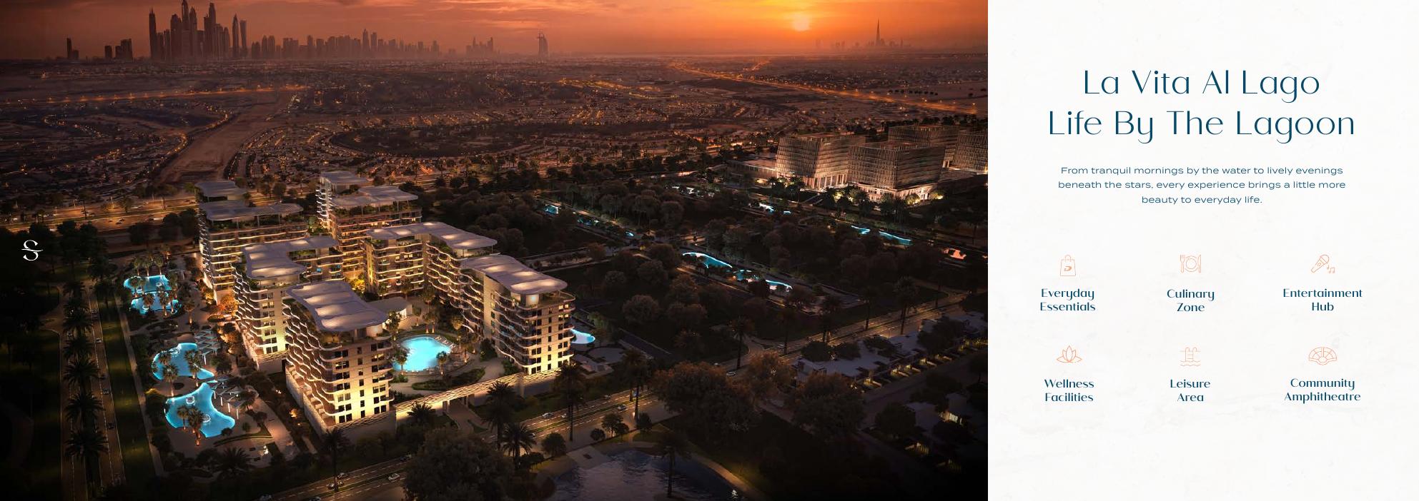 Aerial view of Sorrento towers and lagoon pools at DAMAC Lagoons
